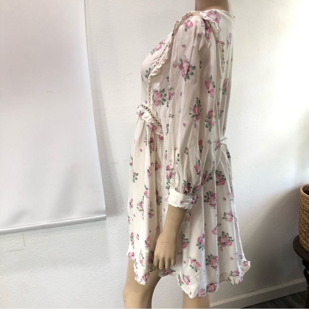 asos floral mini romantic print puff sleeve dress embroidery V-neck button front - Picture 9 of 16